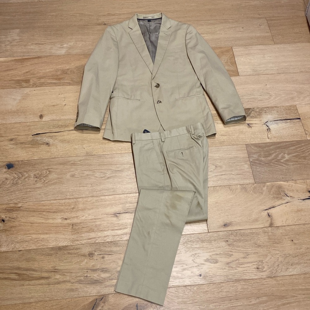 J Crew Ludlow Slim Suit in Tan, 36S jacket, W28/L32 Pants
